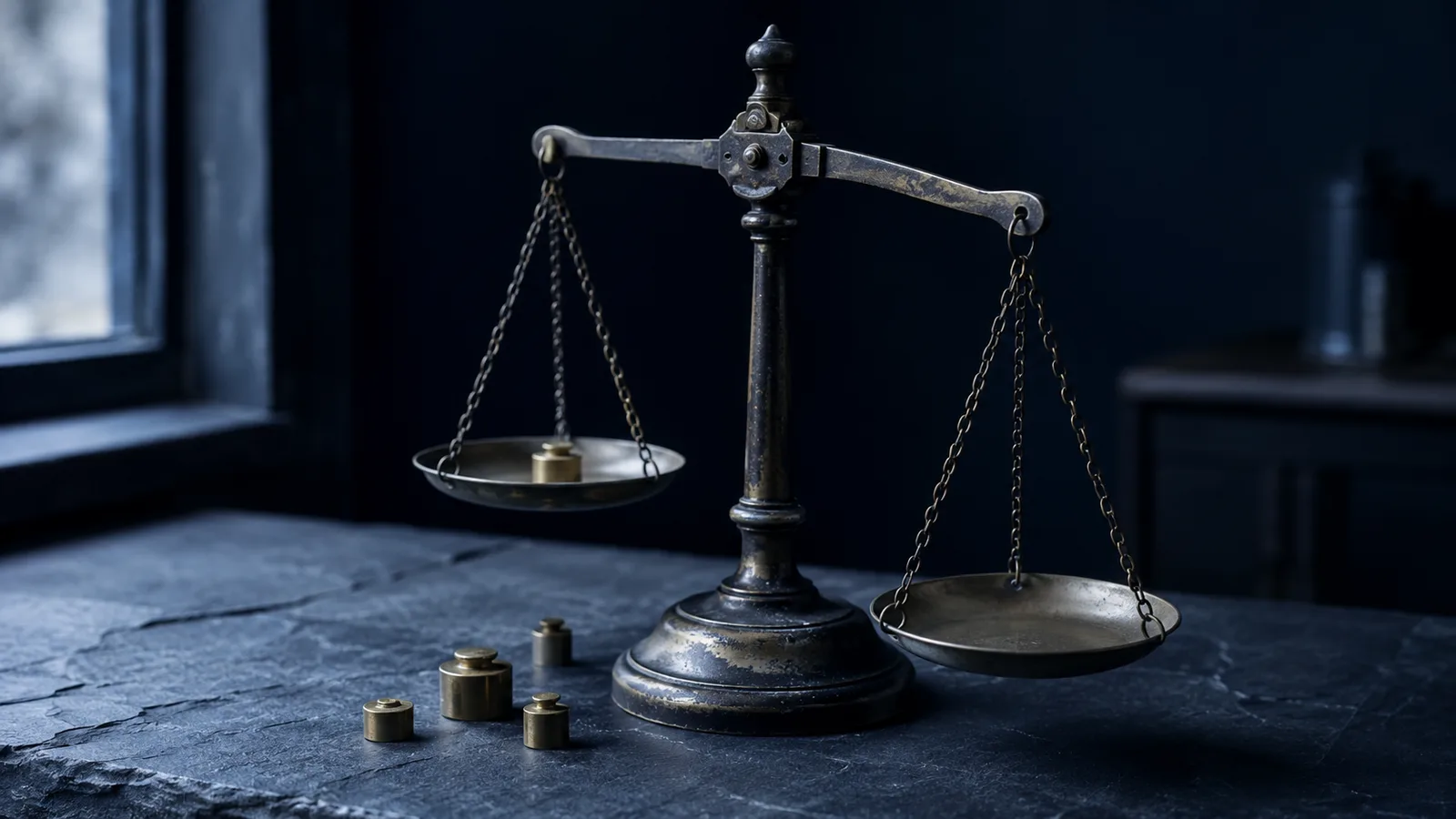 Balanza de dos platos en equilibrio desigual sobre una mesa de pizarra, metáfora del saldo de la balanza comercial