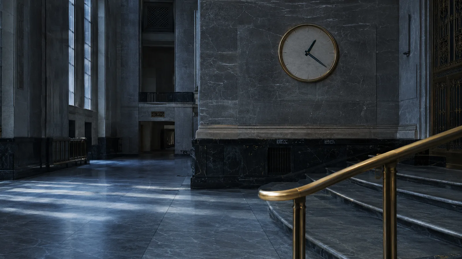 Reloj de pared y barandal de latón en el vestíbulo de mármol de un edificio bursátil al amanecer, imagen del tiempo que separa una operación en bolsa de valores de su cumplimiento