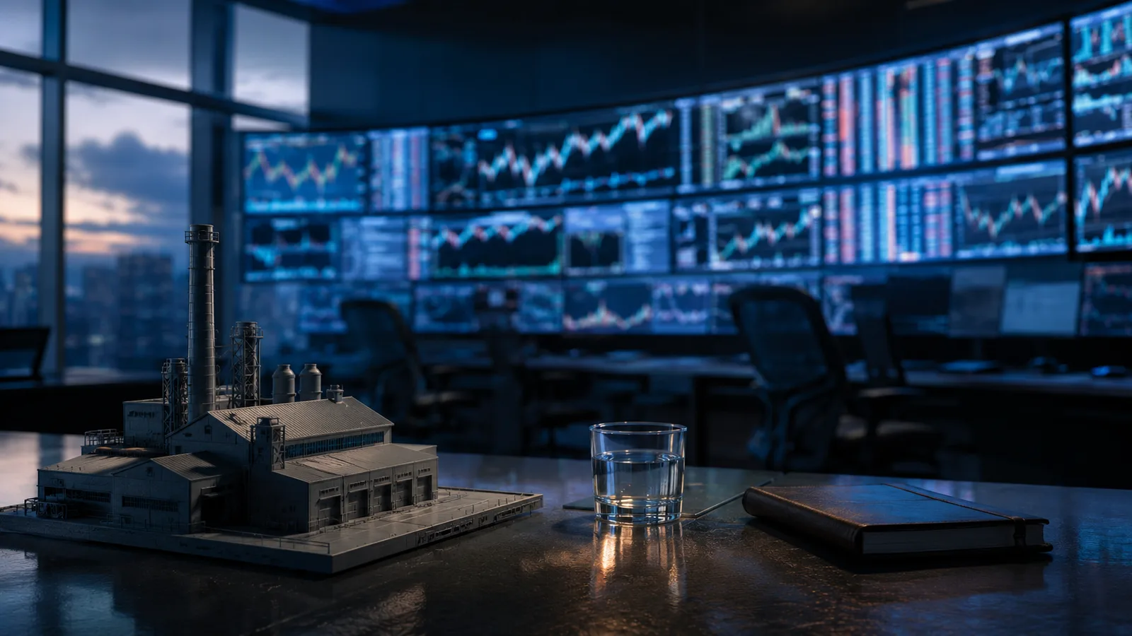 Sala de operaciones financieras al anochecer con pantallas de cotizaciones sobre una maqueta industrial, imagen del capitalismo financiero