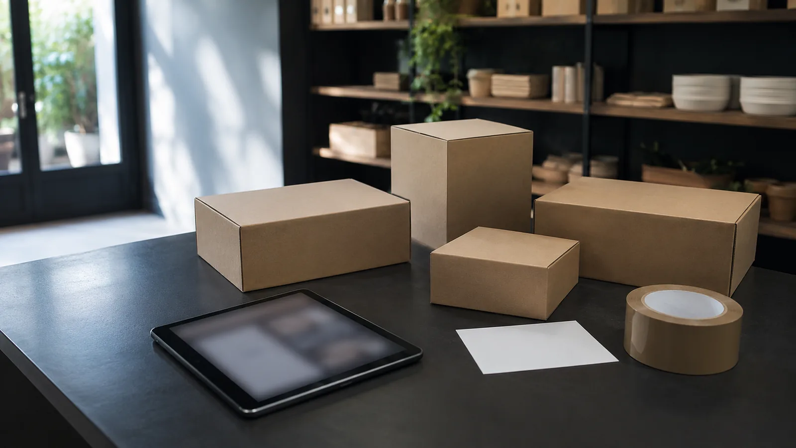 Cajas de envío sin marcas sobre un mostrador junto a una tableta y una etiqueta de despacho: la cadena del comercio electrónico.