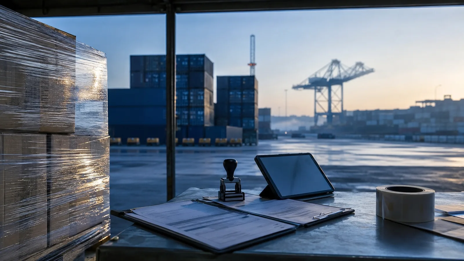 Carga paletizada y documentos de comercio exterior en una terminal portuaria colombiana al amanecer