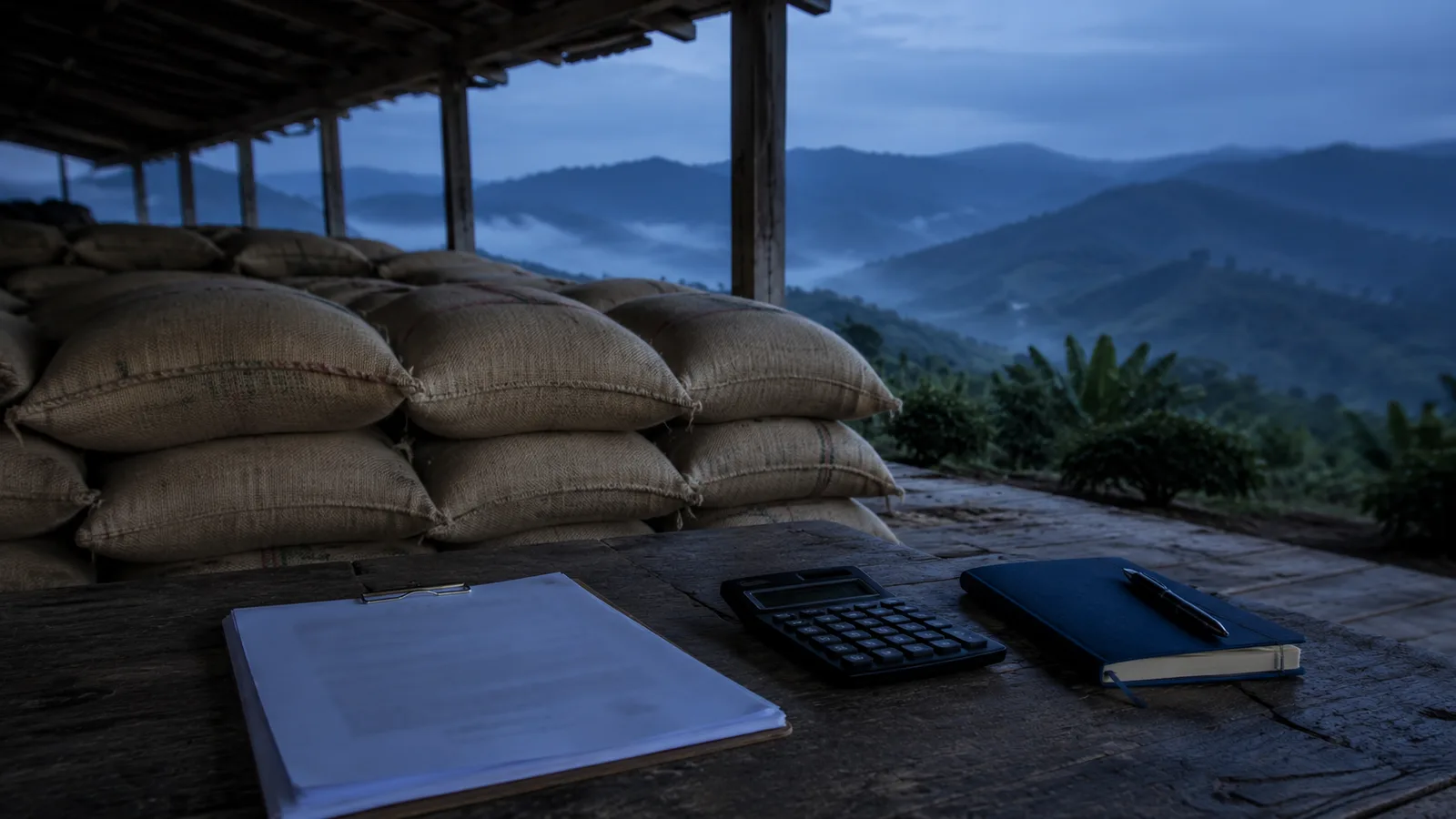 Sacos de café y un contrato sobre una mesa de madera al amanecer, escena que ilustra los derivados financieros para fijar el precio de una cosecha futura