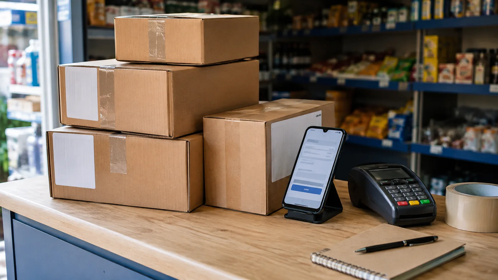 Paquetes de comercio electrónico y un celular con un pago en línea sobre un mostrador de una tienda colombiana