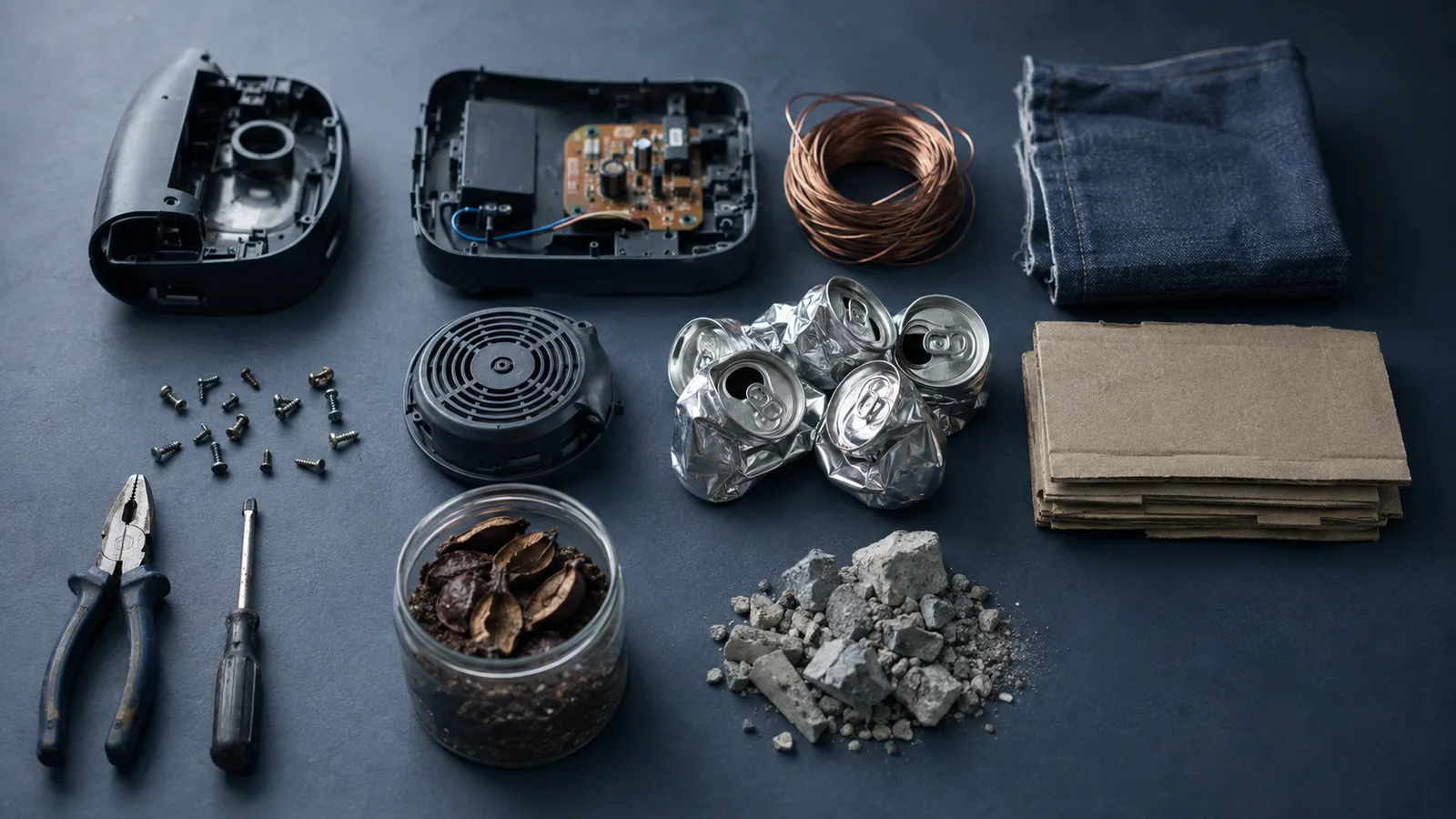 Materiales ordenados en una cuadrícula cenital —placa electrónica, cobre, tela, cartón, latas, compost y escombro— como ejemplos de economía circular por sector