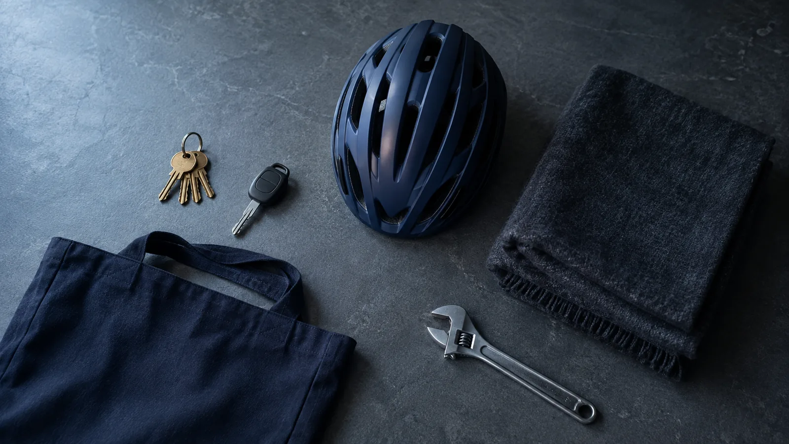 Llaves de casa, llave de carro, casco de bicicleta y una manta doblada sobre una mesa oscura: los activos infrautilizados que mueve la economía colaborativa.
