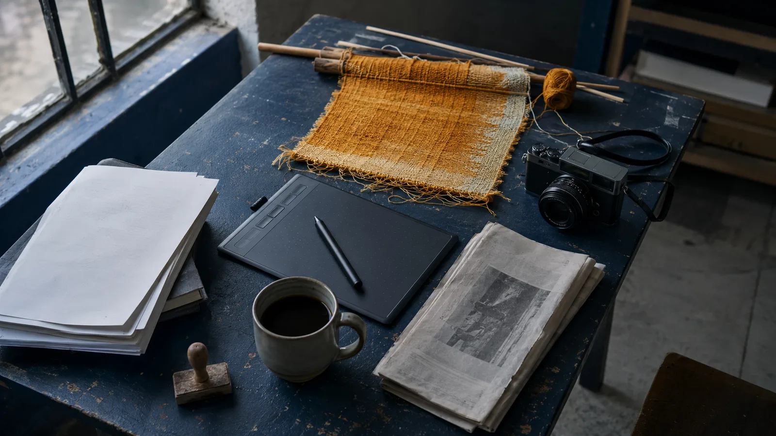 Mesa de taller creativo con artesanía, tableta de diseño y documentos oficiales, alegoría de la economía naranja en Colombia