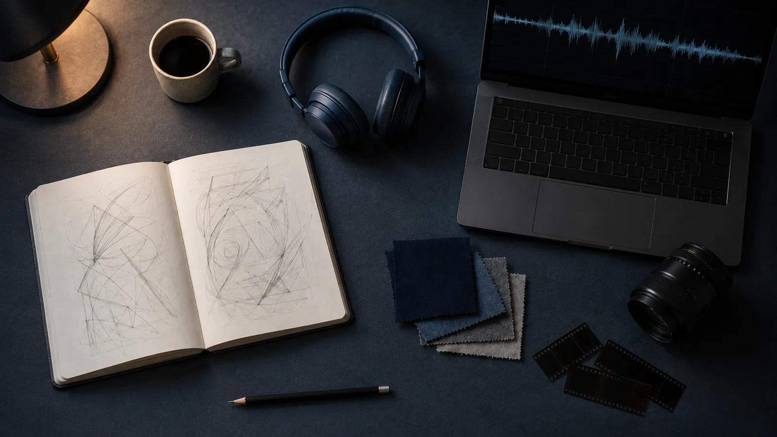 Mesa de trabajo creativa vista desde arriba con cuaderno de bocetos, audífonos, muestras de tela y portátil, escena que ilustra la economía naranja