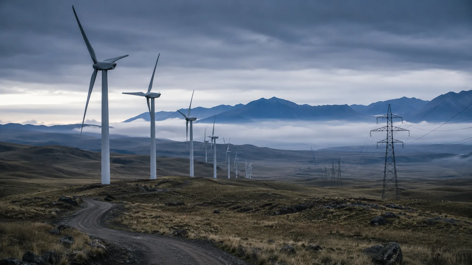 Parque eólico y línea de transmisión sobre un altiplano andino al amanecer, escena que ilustra la transición energética de la economía verde