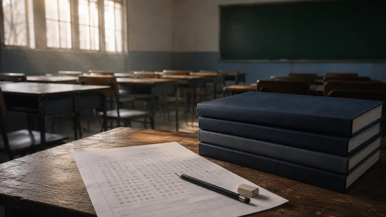 Pupitre de un aula vacía con una hoja de respuestas en blanco, un lápiz y una pila de informes encuadernados, escena que ilustra la medición de la educación financiera