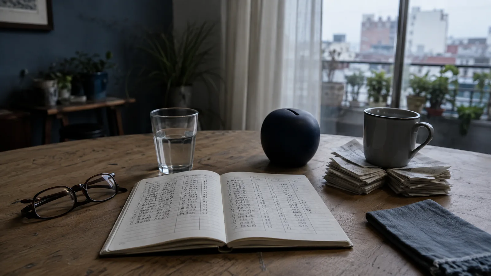Mesa de comedor con una libreta abierta, recibos ordenados en dos pilas y una alcancía de cerámica junto a una ventana al amanecer, escena que ilustra las finanzas personales de un hogar