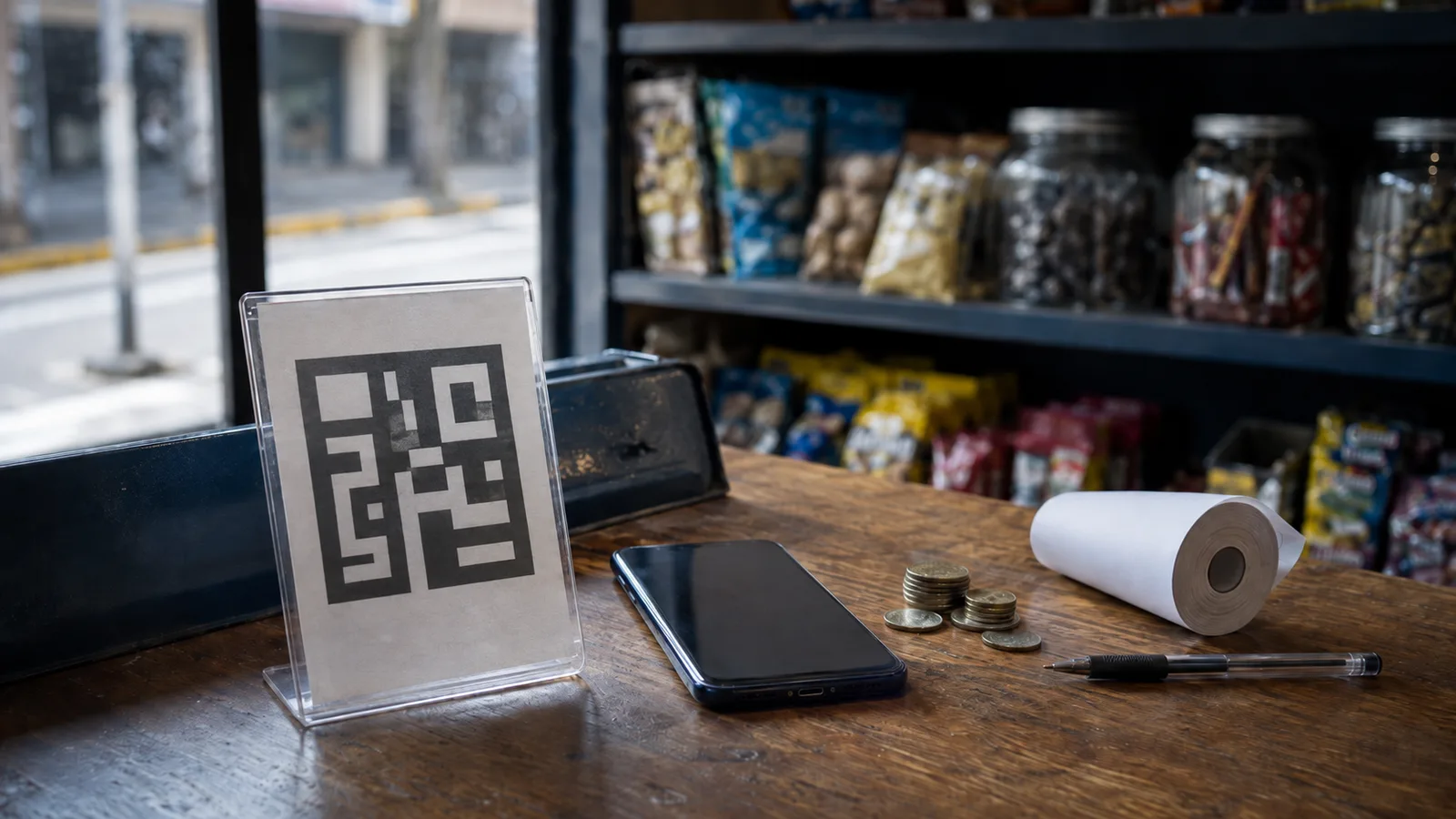 Mostrador de una tienda de barrio en Colombia con un código de pago impreso junto a la caja y un teléfono móvil, escena que ilustra la fintech en Colombia