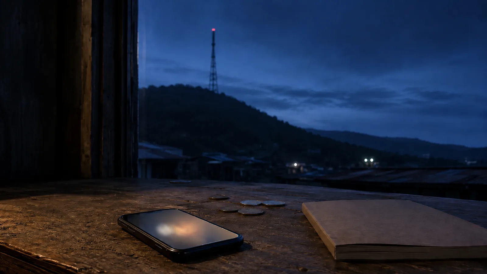 Mostrador de tienda rural al anochecer con un teléfono, monedas y una libreta, y al fondo una antena de telecomunicaciones: la tecnología financiera llega donde no hay sucursal.