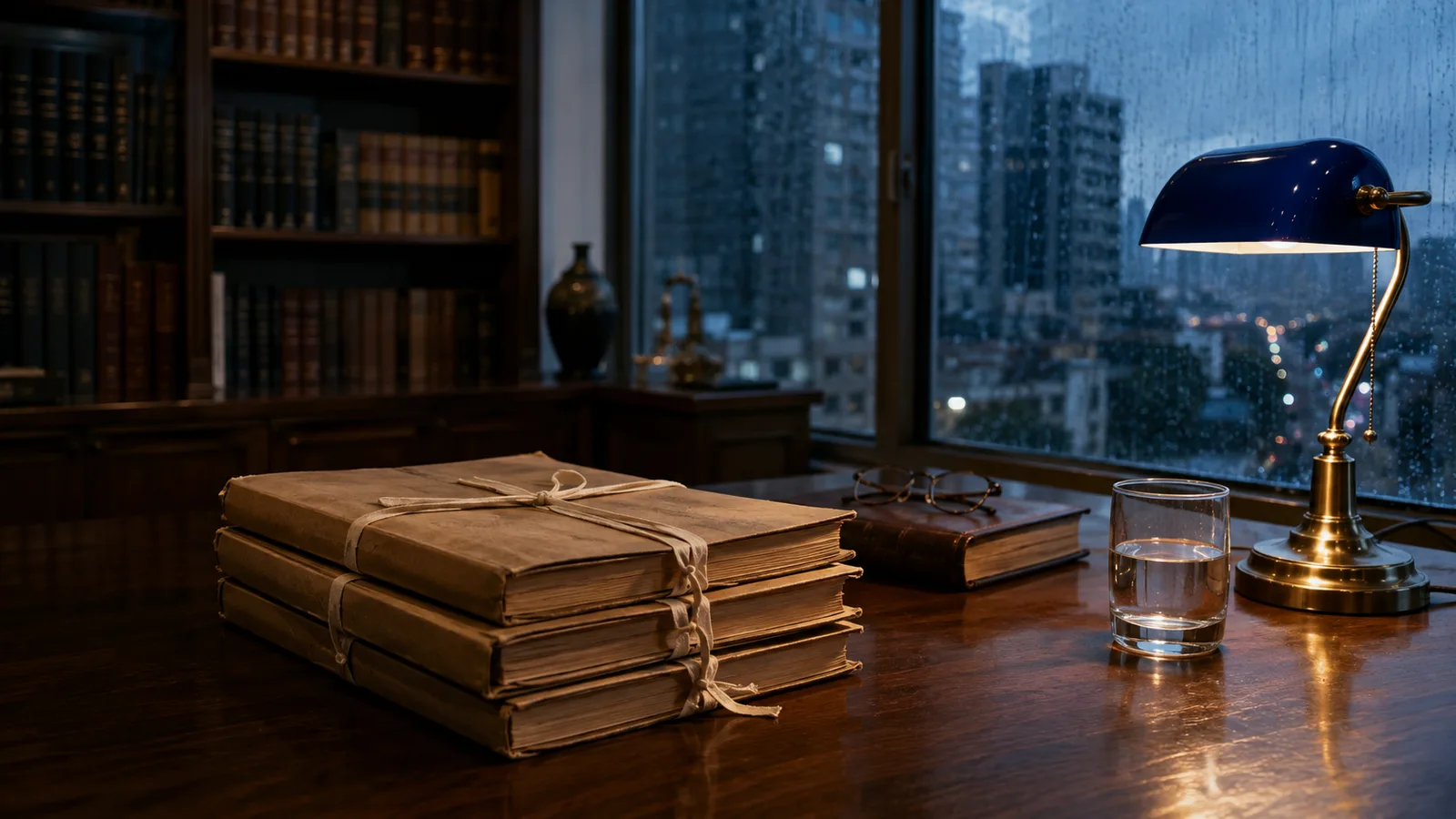 Escritorio de oficina jurídica en Bogotá con expedientes atados y lámpara de bronce, escena que ilustra la figura del fondo de inversión colectiva en Colombia