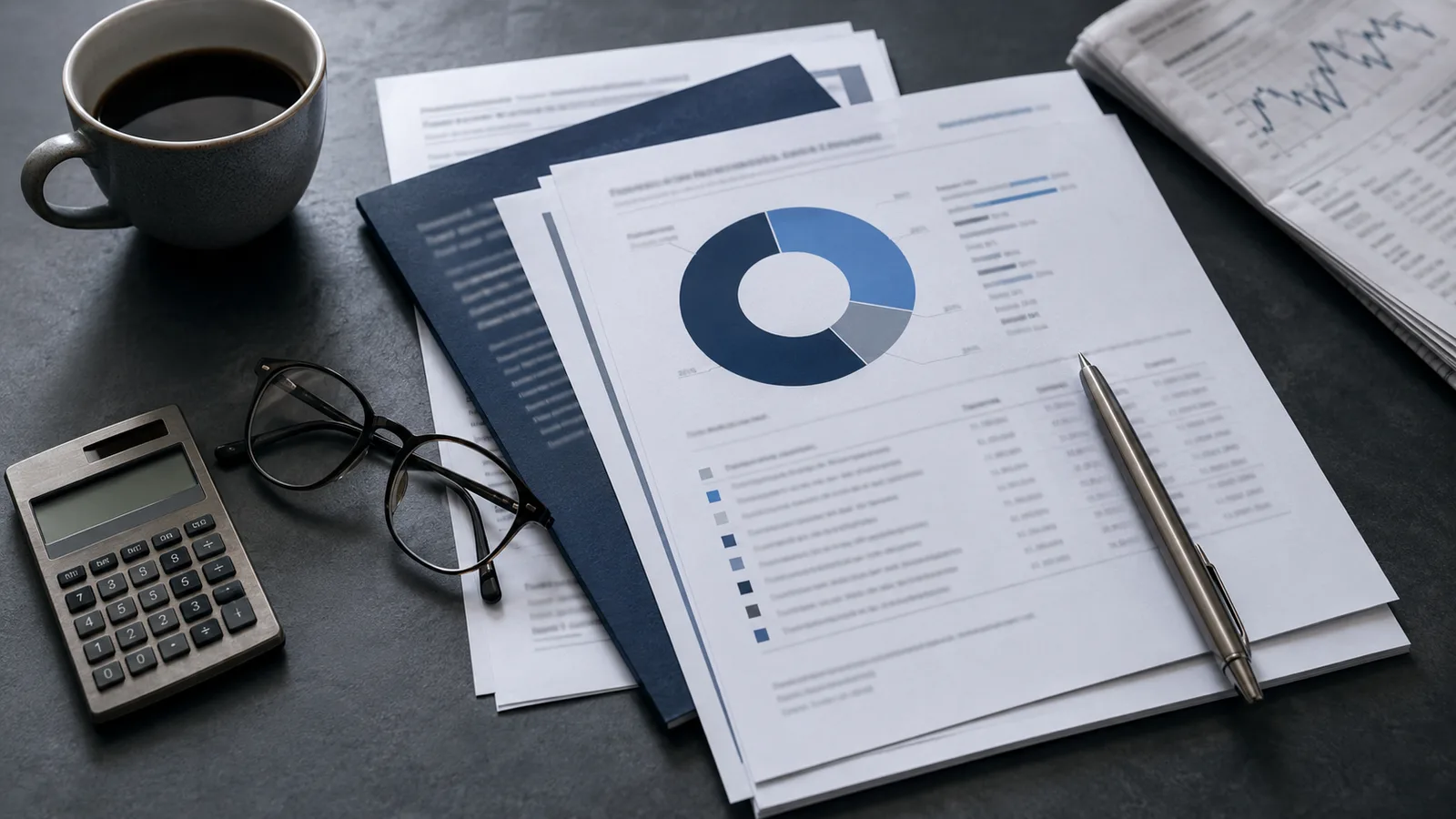 Escritorio cenital con documentos de fondos de inversión, gráficos de portafolio y una calculadora, en tonos azul y gris pizarra