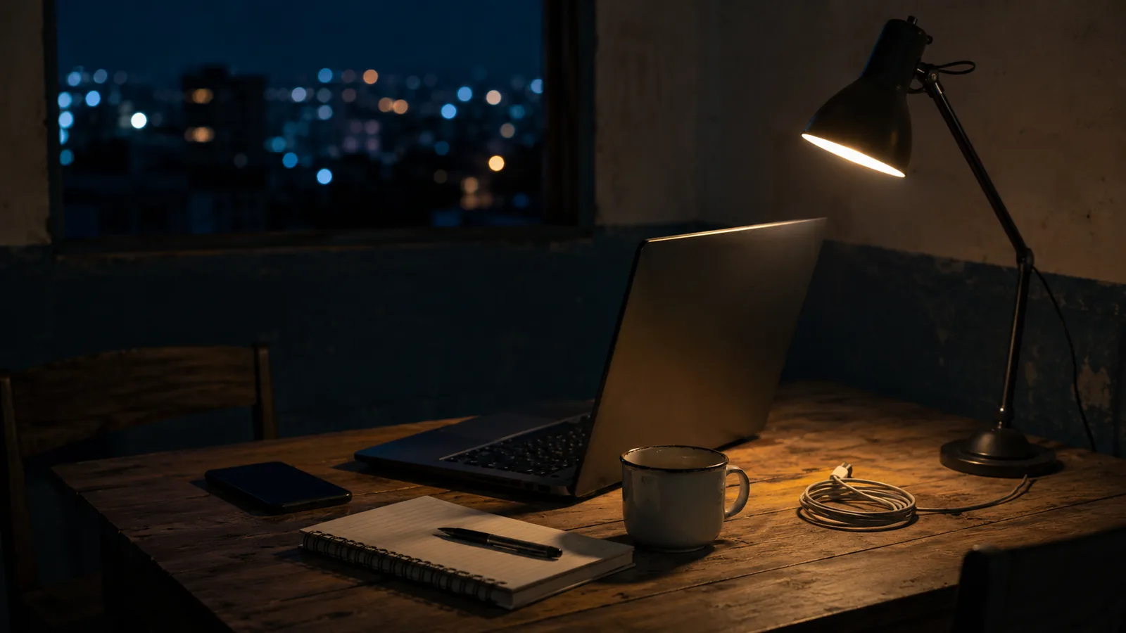 Mesa de trabajo nocturna con un portátil y un teléfono apagados junto a una ventana urbana, escena que ilustra el trabajo por tareas de la gig economy