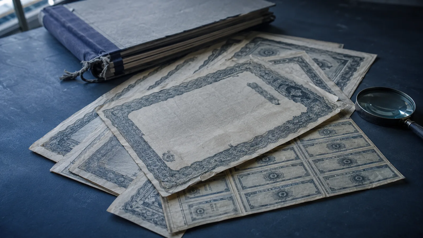 Bonos y cupones de deuda soberana antiguos sobre un escritorio de archivo, imagen de la historia de la deuda externa de Colombia
