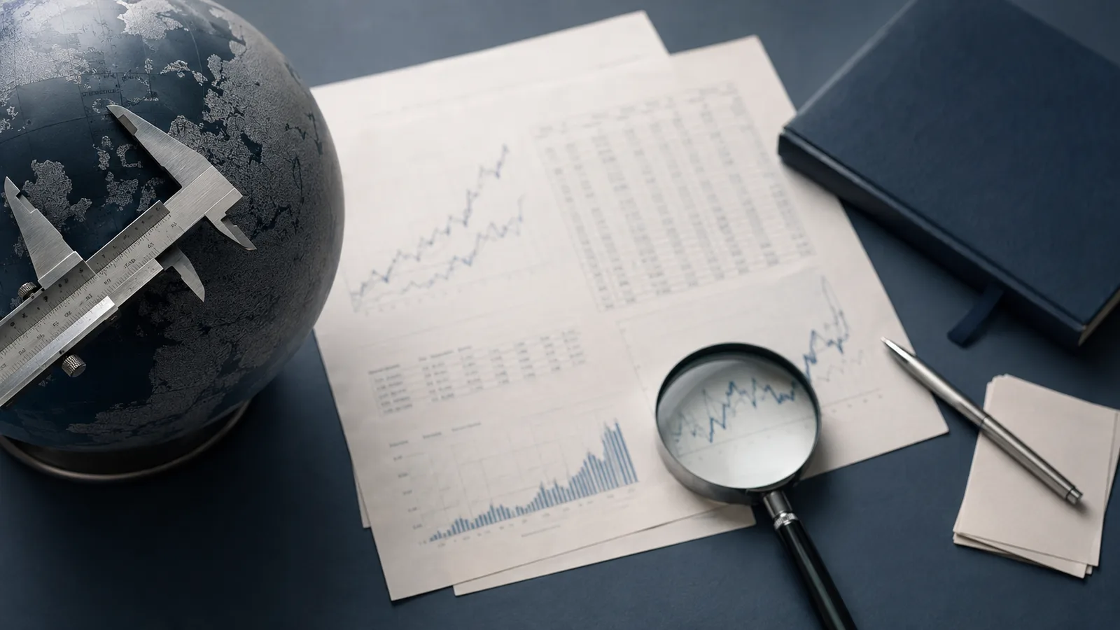 Escritorio cenital con un globo terráqueo azul, un calibrador metálico y gráficos impresos: los indicadores de globalización económica.
