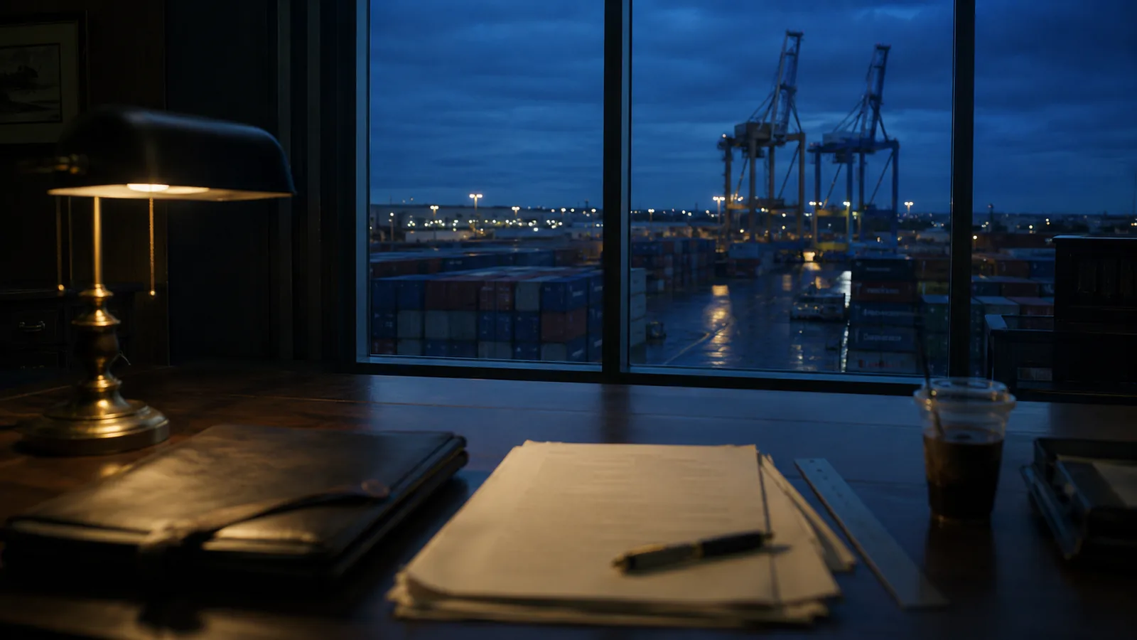 Puerto de contenedores al anochecer visto desde una oficina con documentos sobre el escritorio, escena del neoliberalismo y la apertura económica