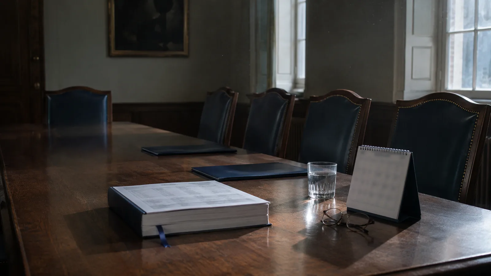 Mesa de comisión vacía con un volumen de presupuesto encuadernado y un calendario: quién decide la política económica de Colombia y en qué fechas.