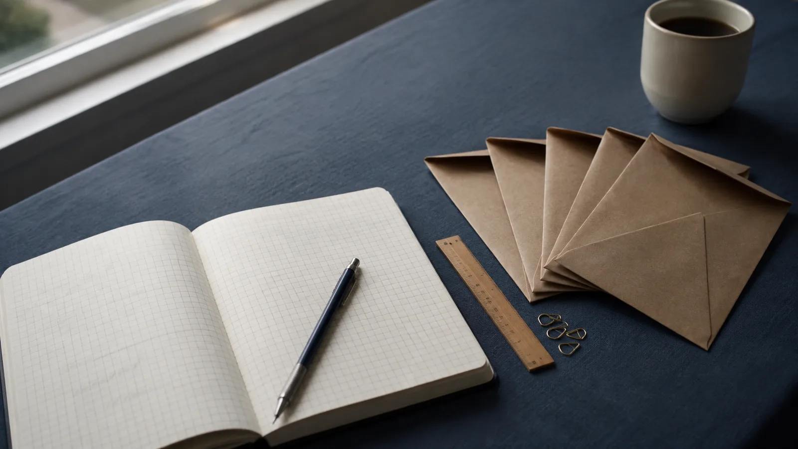 Mesa de trabajo con un cuaderno cuadriculado abierto, un lápiz y varios sobres de papel sin marcar dispuestos en abanico, escena que ilustra el método de un presupuesto personal