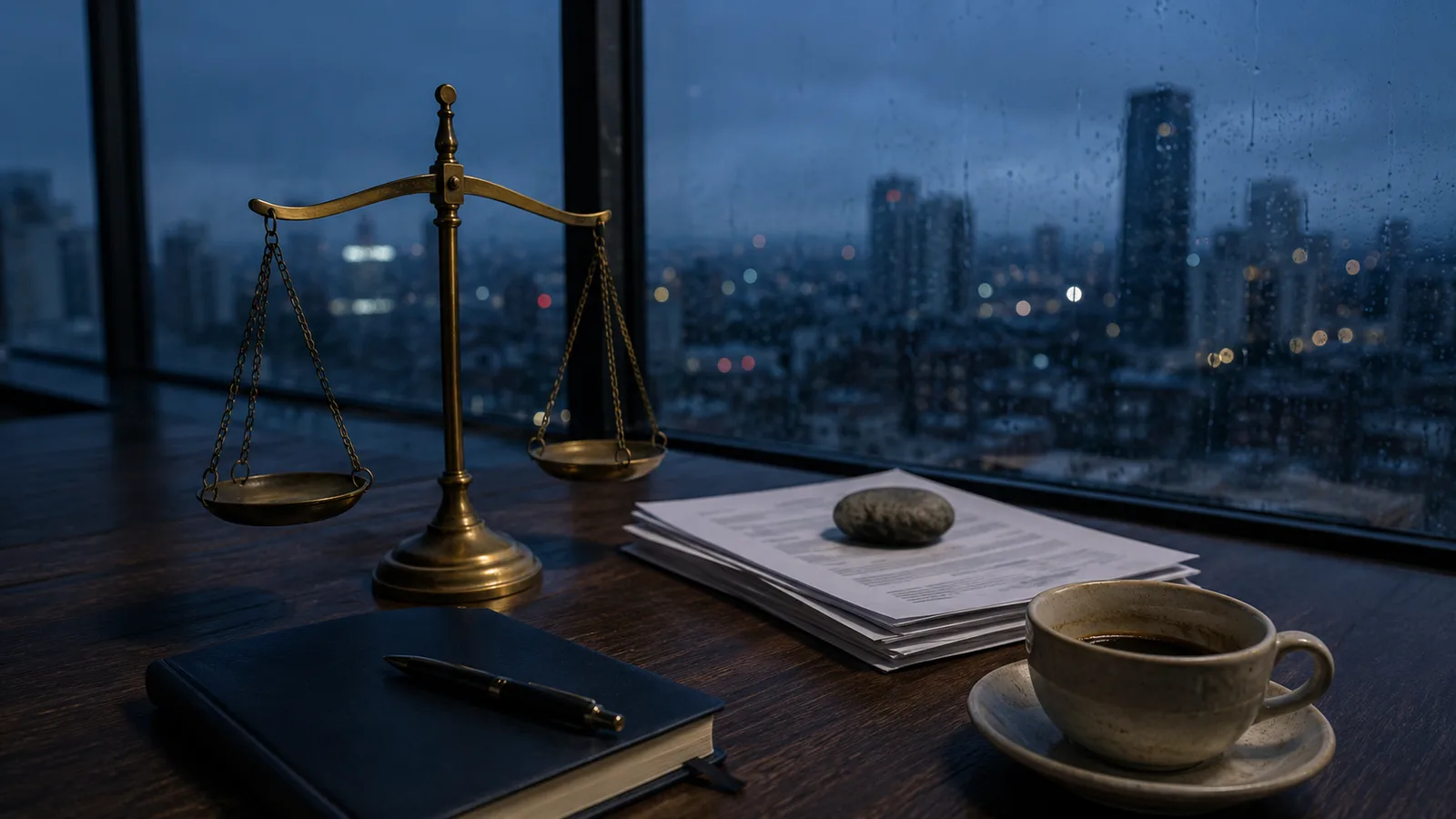 Balanza de latón ligeramente inclinada sobre documentos financieros junto a una ventana con lluvia al anochecer, escena que ilustra el riesgo financiero
