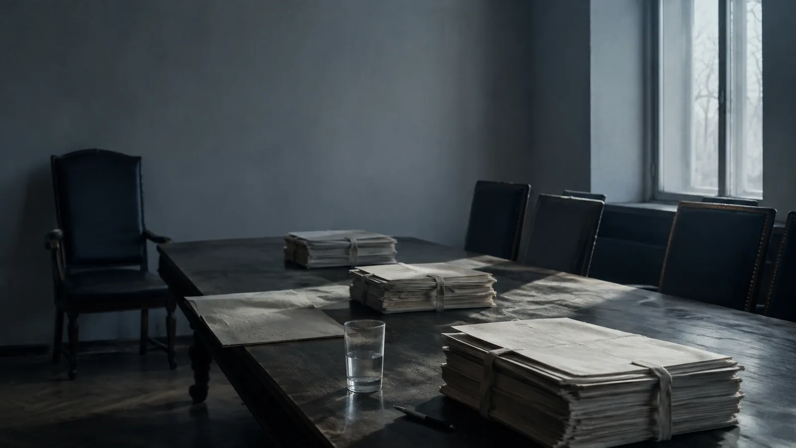 Mesa de reunión vacía con carpetas de expediente apiladas y luz fría de amanecer, escena que ilustra el gobierno institucional del sistema financiero colombiano