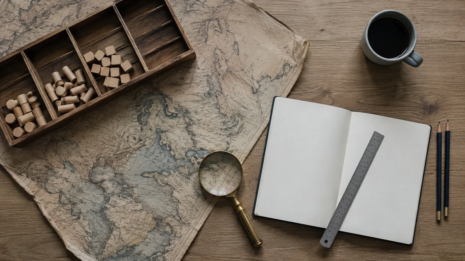 Mesa de trabajo cenital con un mapa desplegado, fichas de madera clasificadas en grupos, una lupa y un cuaderno de criterios, imagen de cómo se clasifican los sistemas económicos