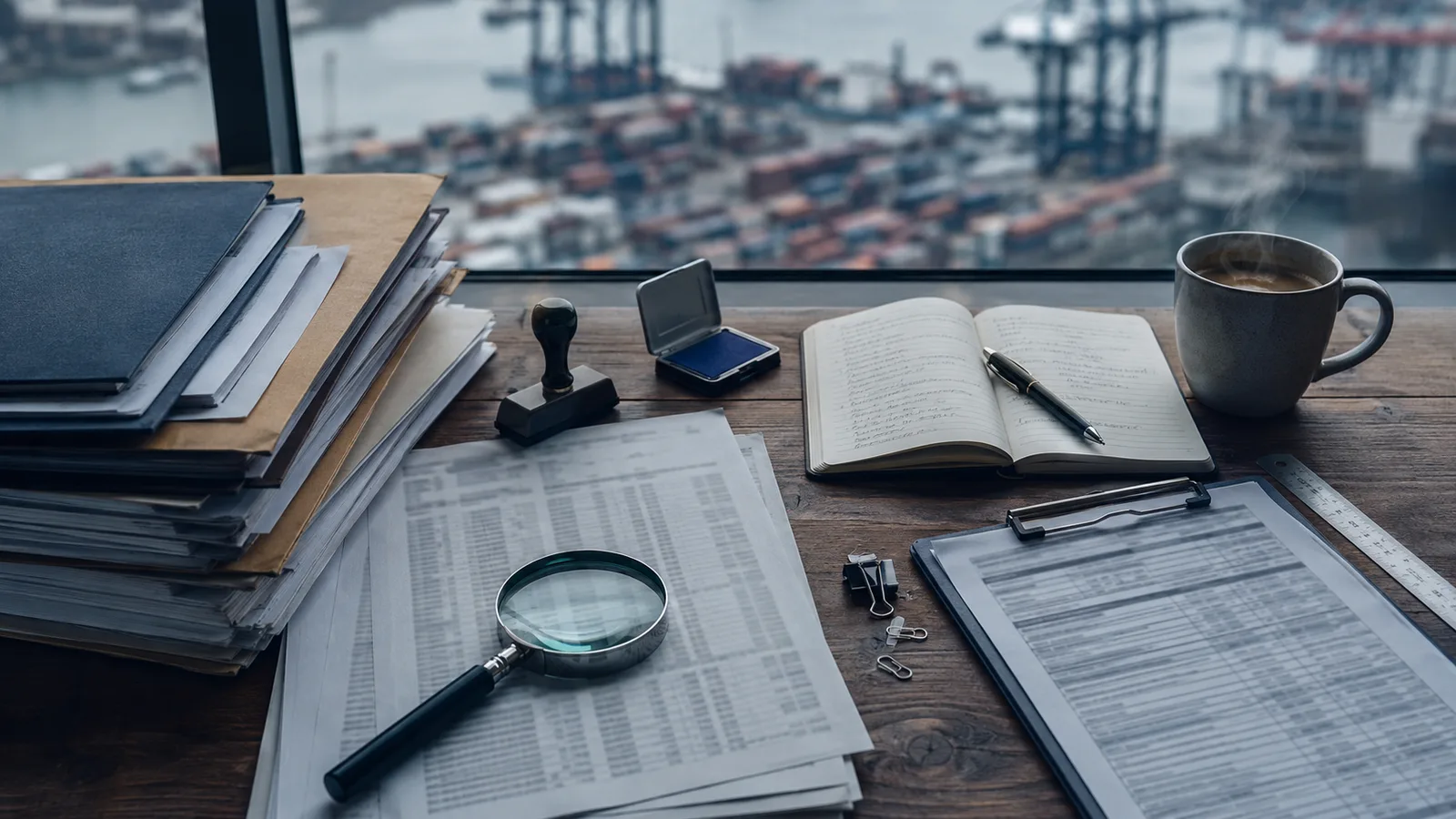 Escritorio de análisis de comercio exterior con documentos de acuerdos comerciales y un puerto de contenedores al fondo, ilustrando los TLC de Colombia