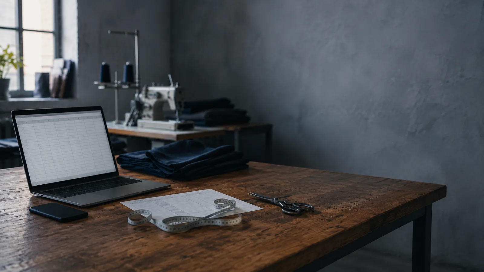 Taller de confección con un computador portátil y planillas de producción sobre la mesa de corte, escena de transformación digital en una pequeña empresa colombiana