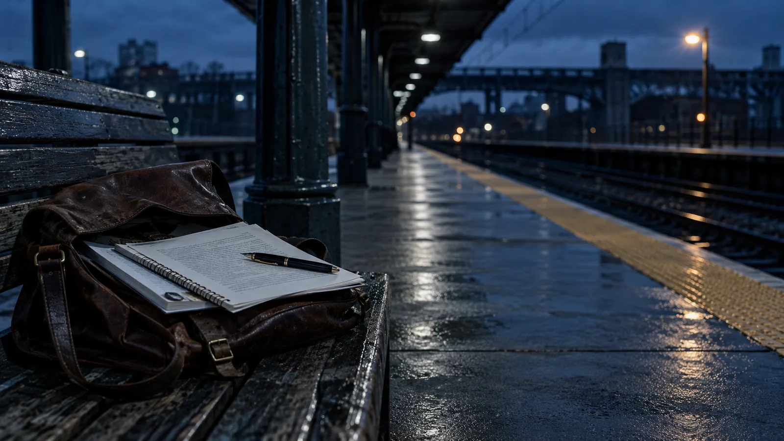 Andén de tren vacío al anochecer con un maletín de cuero y papeles académicos sobre una banca, escena editorial que evoca la biografía y la obra de Abhijit Banerjee