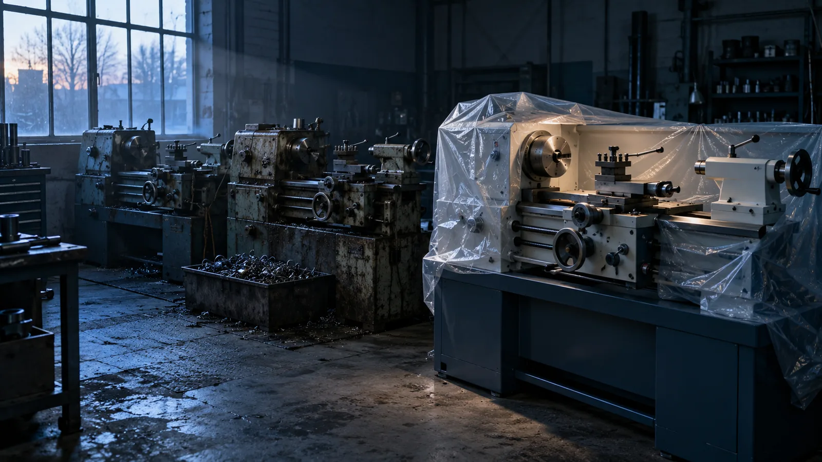 Torno nuevo aún con plástico de fábrica junto a máquinas gastadas en un taller metalmecánico: la acumulación de capital como reinversión del excedente en equipo