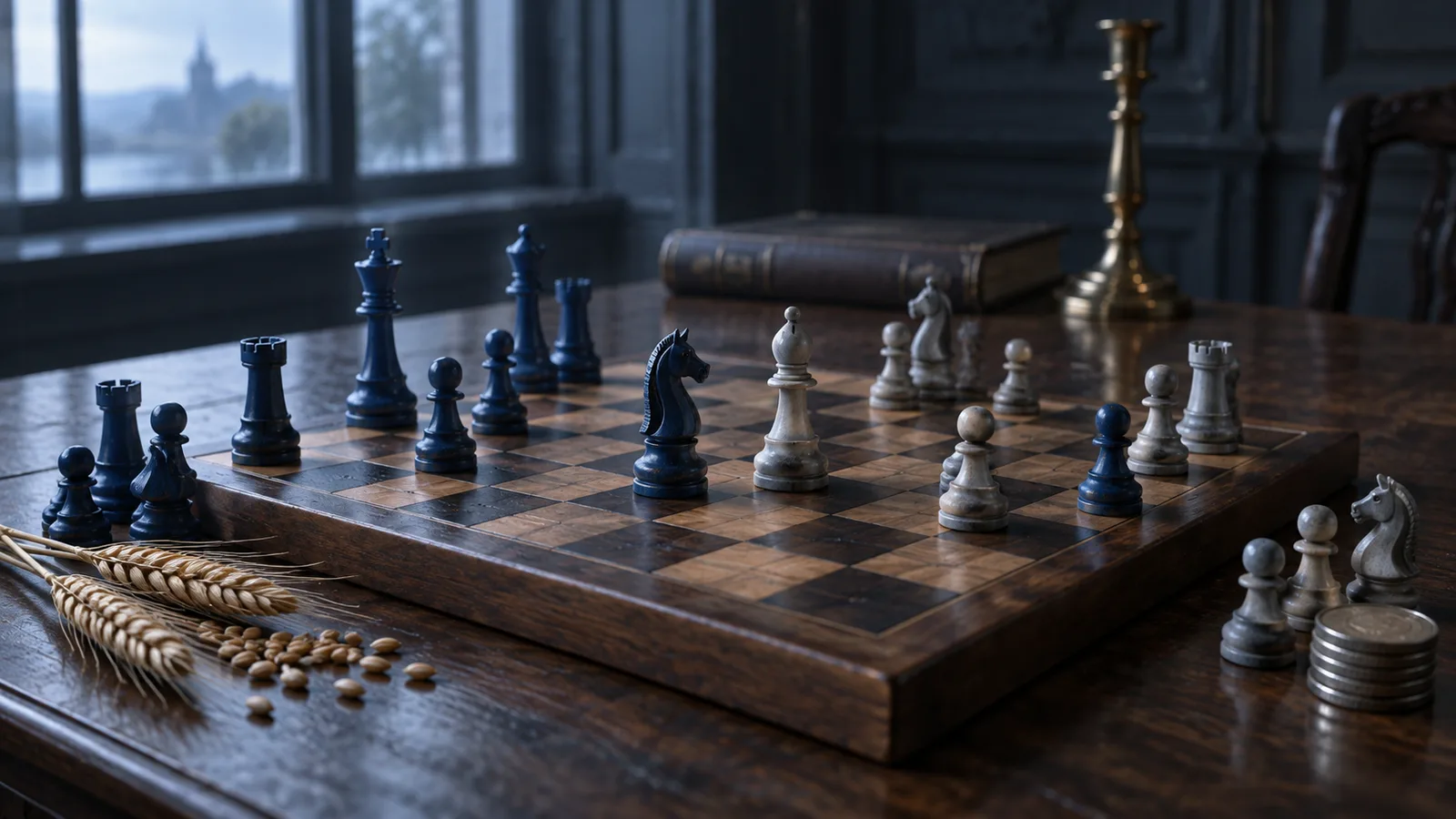 Partida de ajedrez a medio jugar con piezas azul marino y gris sobre una mesa antigua, junto a granos de trigo y monedas lisas, imagen del debate entre Adam Smith y David Ricardo