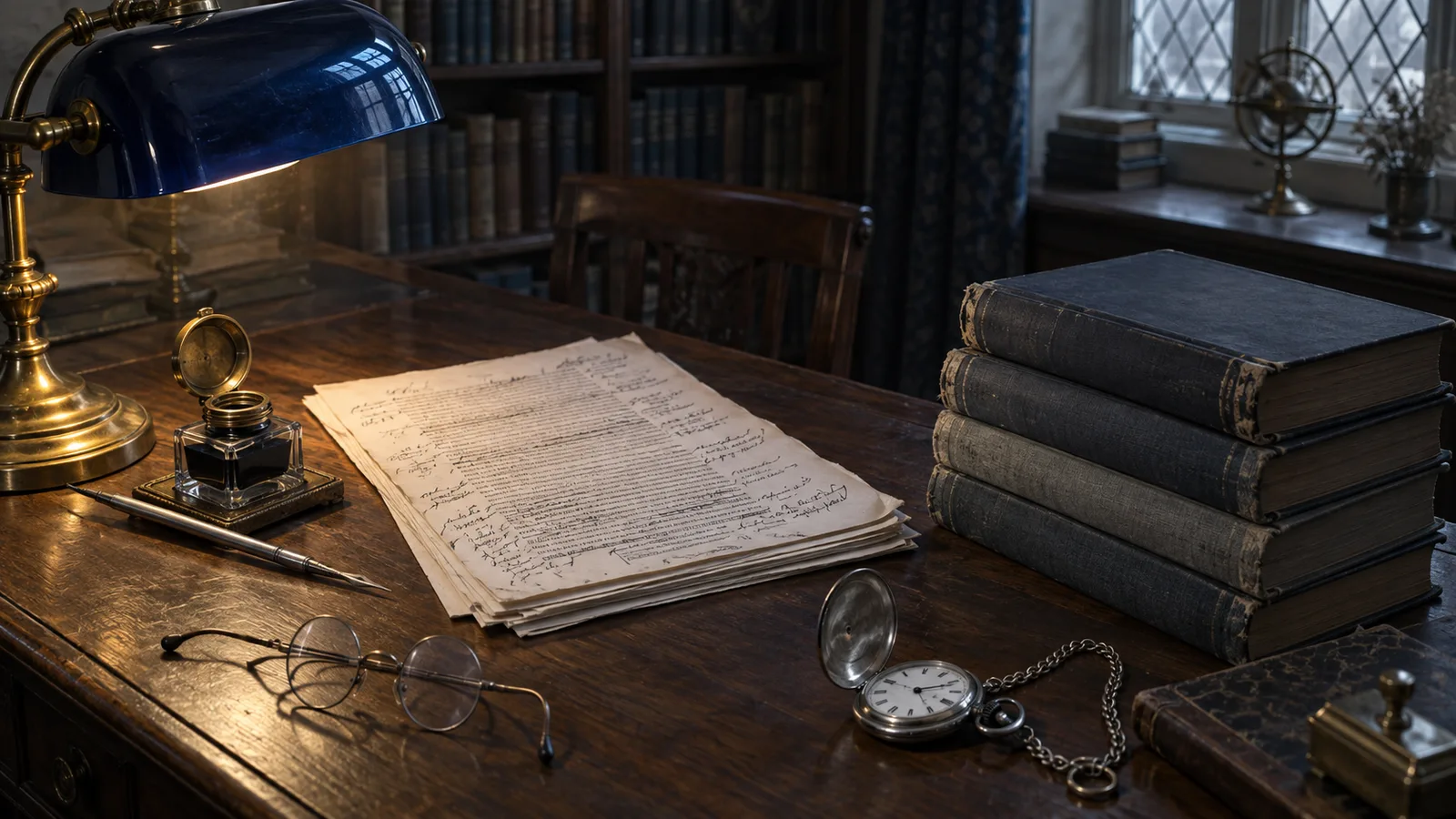 Escritorio de estudio victoriano con volúmenes encuadernados, pruebas de imprenta corregidas a mano, plumilla y un reloj de bolsillo abierto, iluminados por una lámpara de pantalla azul: la obra y el tiempo en Alfred Marshall