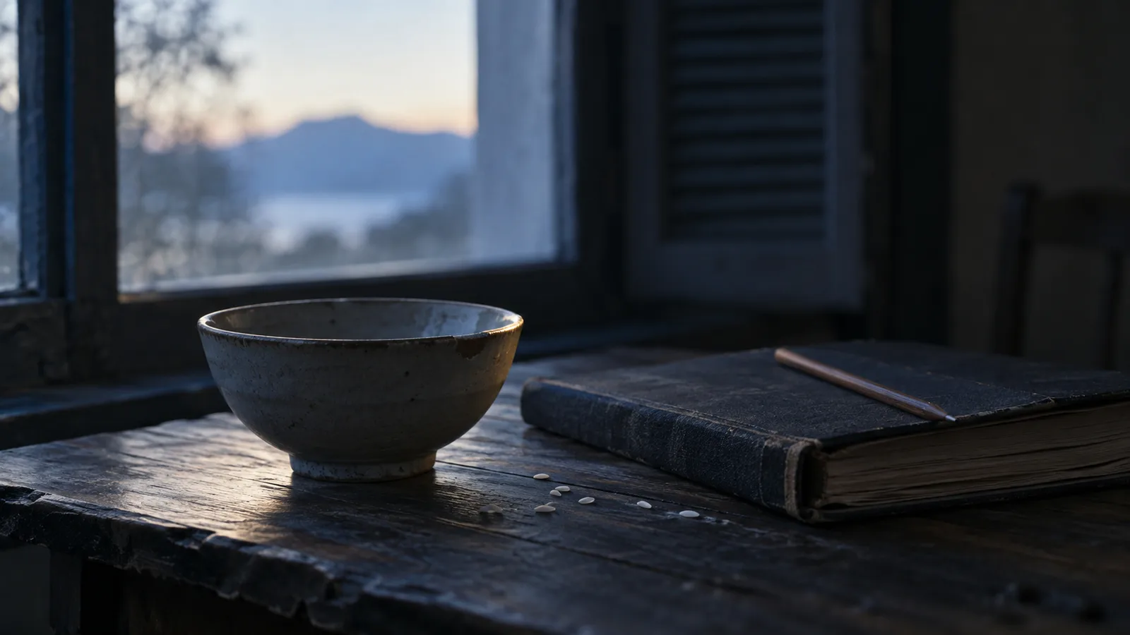 Cuenco de arroz vacío y una libreta de cuentas sobre una mesa de madera junto a una ventana al amanecer, escena editorial que evoca la obra de Amartya Sen sobre hambrunas y capacidades