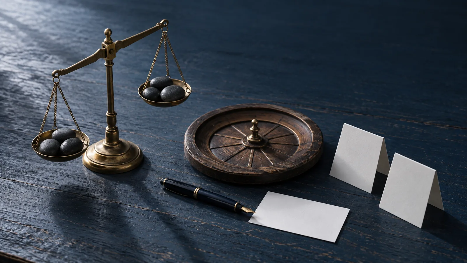 Balanza de platillos inclinada, dos tarjetas idénticas y una ruleta de madera sobre un escritorio azul: alegoría de la obra de Amos Tversky sobre juicio y decisión