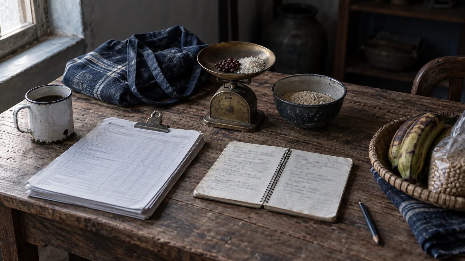 Formularios de encuesta de hogares y libreta de campo sobre una mesa de madera, el instrumento con el que Angus Deaton midió consumo y pobreza