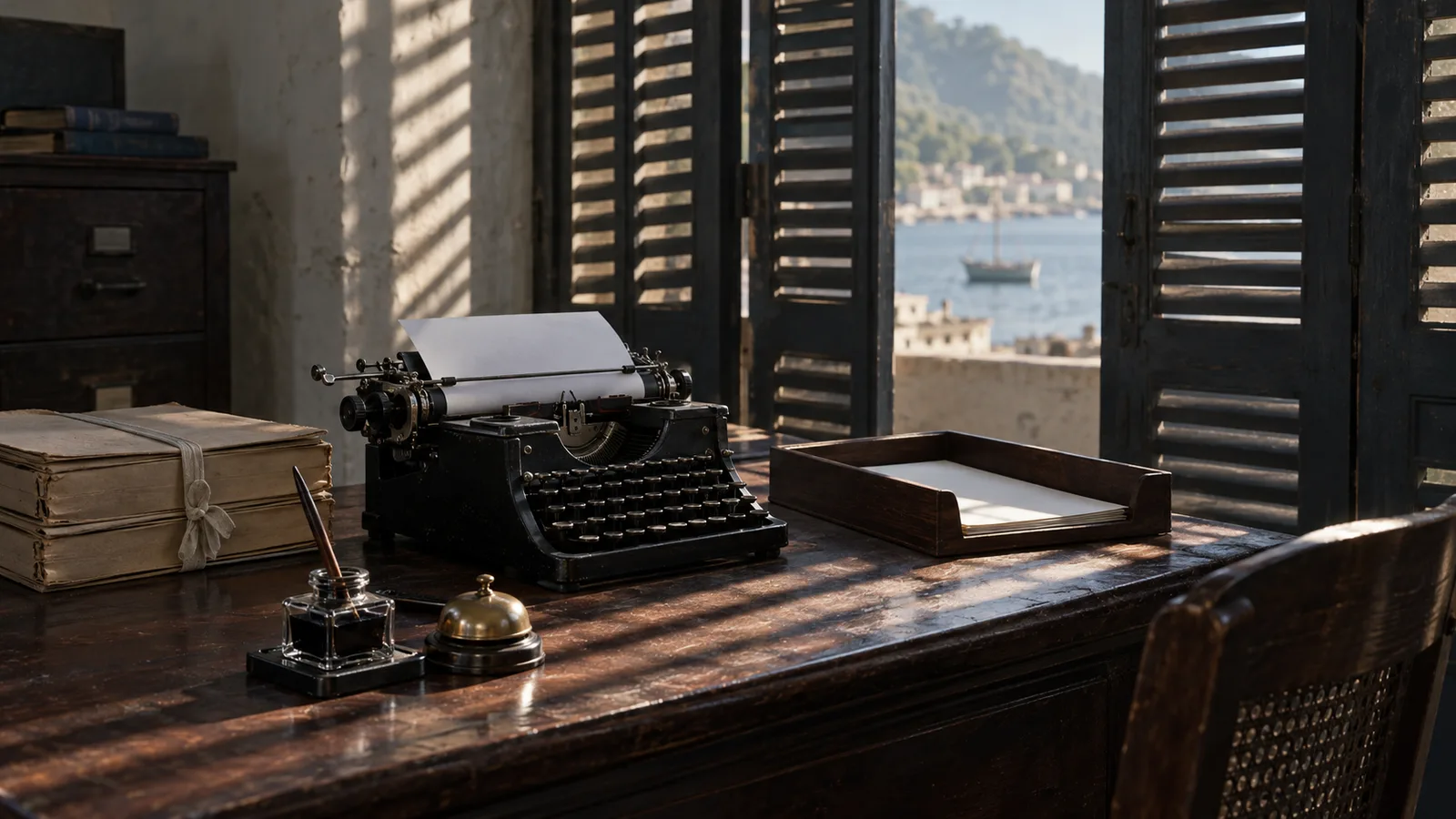 Escritorio de oficinista colonial de los años treinta con máquina de escribir, carpetas atadas y luz tropical entre persianas, frente a un puerto caribeño que evoca el primer empleo de Arthur Lewis en Santa Lucía