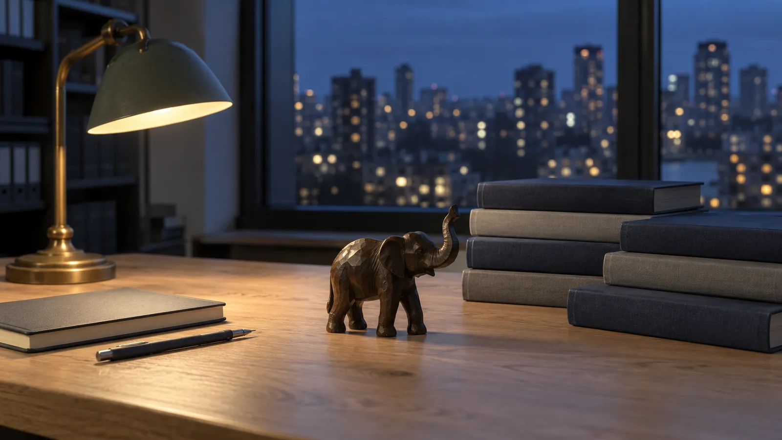 Figura tallada de un elefante junto a dos pilas de volúmenes encuadernados sin rótulo sobre una mesa de archivo al anochecer, una escena que evoca la curva del elefante de Branko Milanovic y las encuestas de hogares con que se construyó