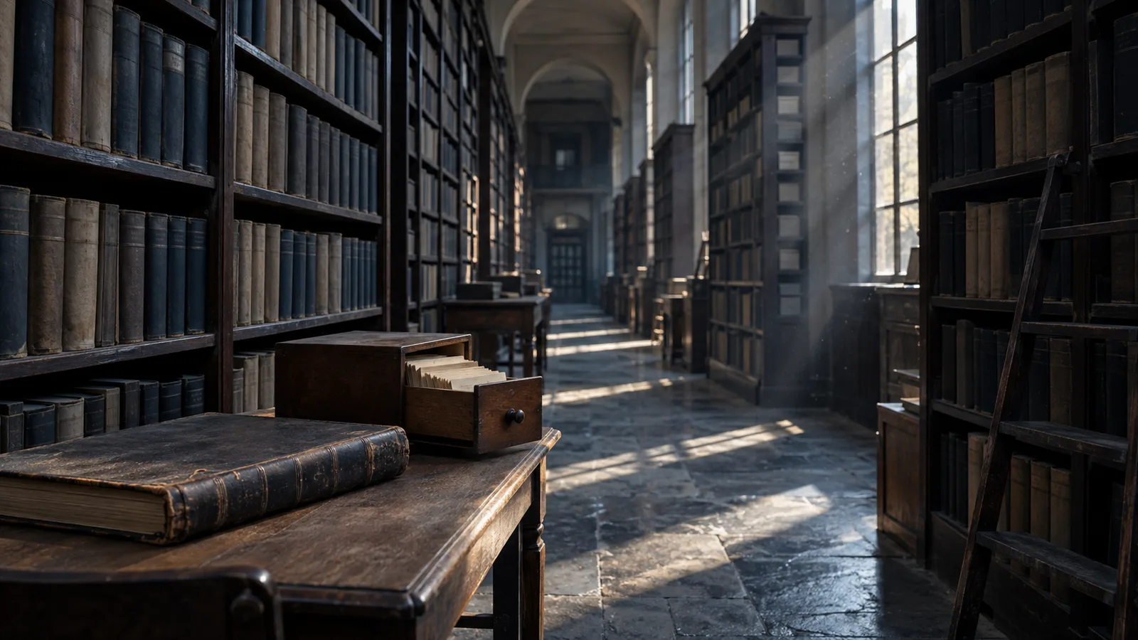 Archivo de una oficina de registro de propiedad con libros de folios en estanterías de madera, imagen del capitalismo como régimen de propiedad