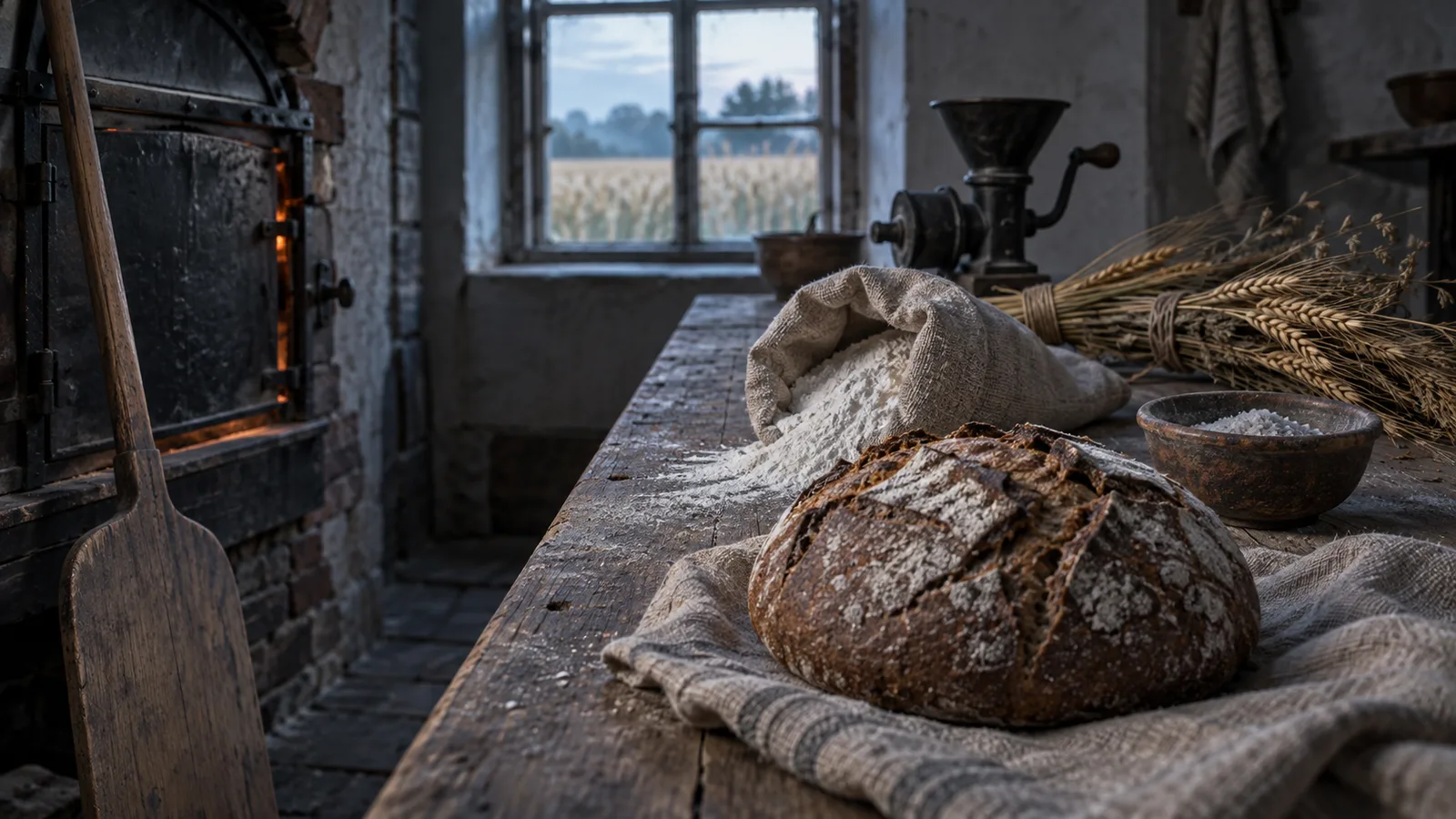 Mesa de un obrador de panadería al amanecer con una hogaza de pan, un saco abierto de harina, sal, un horno de ladrillo, un molino de mano y espigas de trigo y centeno ante una ventana que da a un campo de cereal: escena que evoca los bienes de orden de Carl Menger