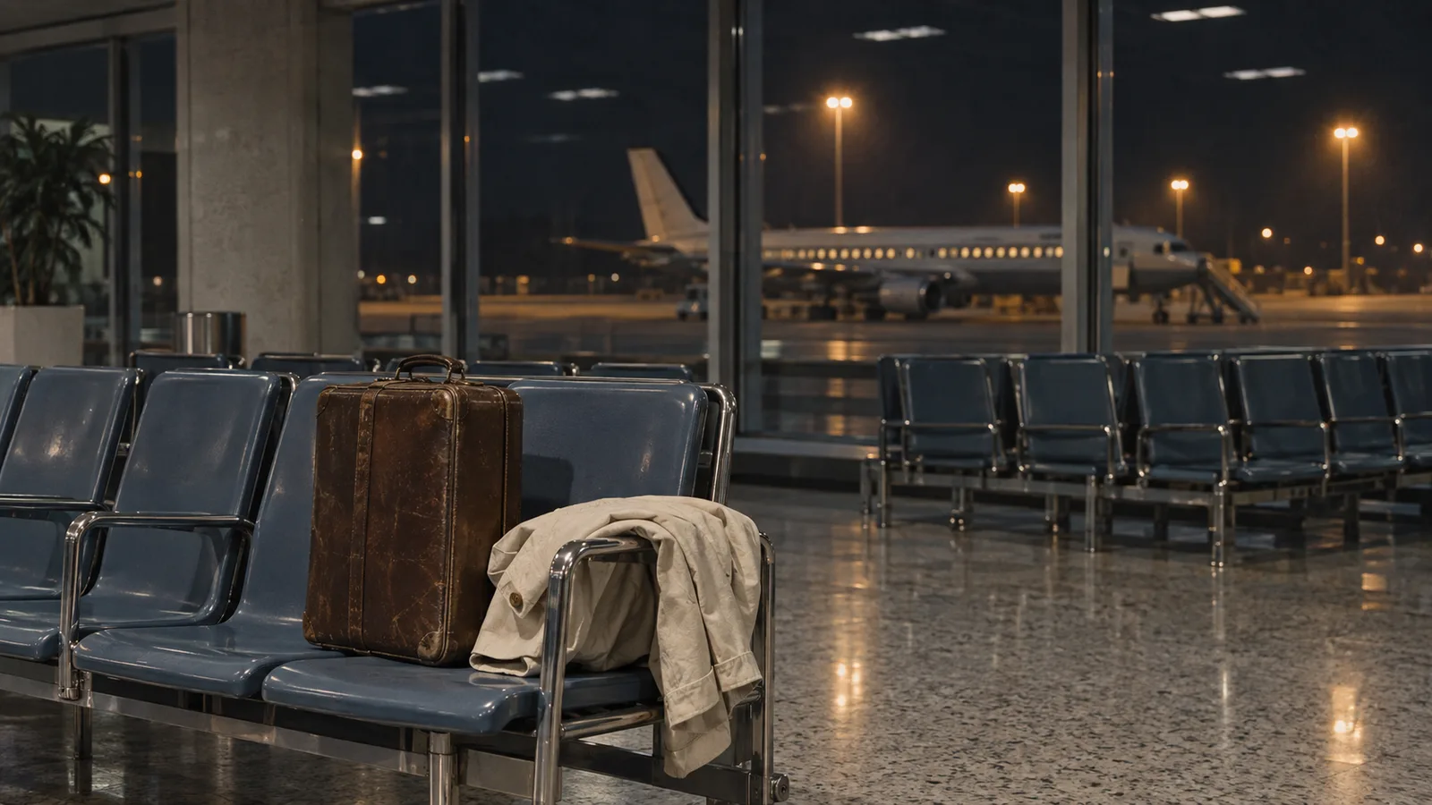 Sala de embarque vacía de un aeropuerto de los años setenta, de noche, con una maleta de cuero y una chaqueta clara de verano sobre un asiento y un avión en la pista: escena que evoca el vuelo de 1974 con el que empieza la biografía de Christopher Pissarides