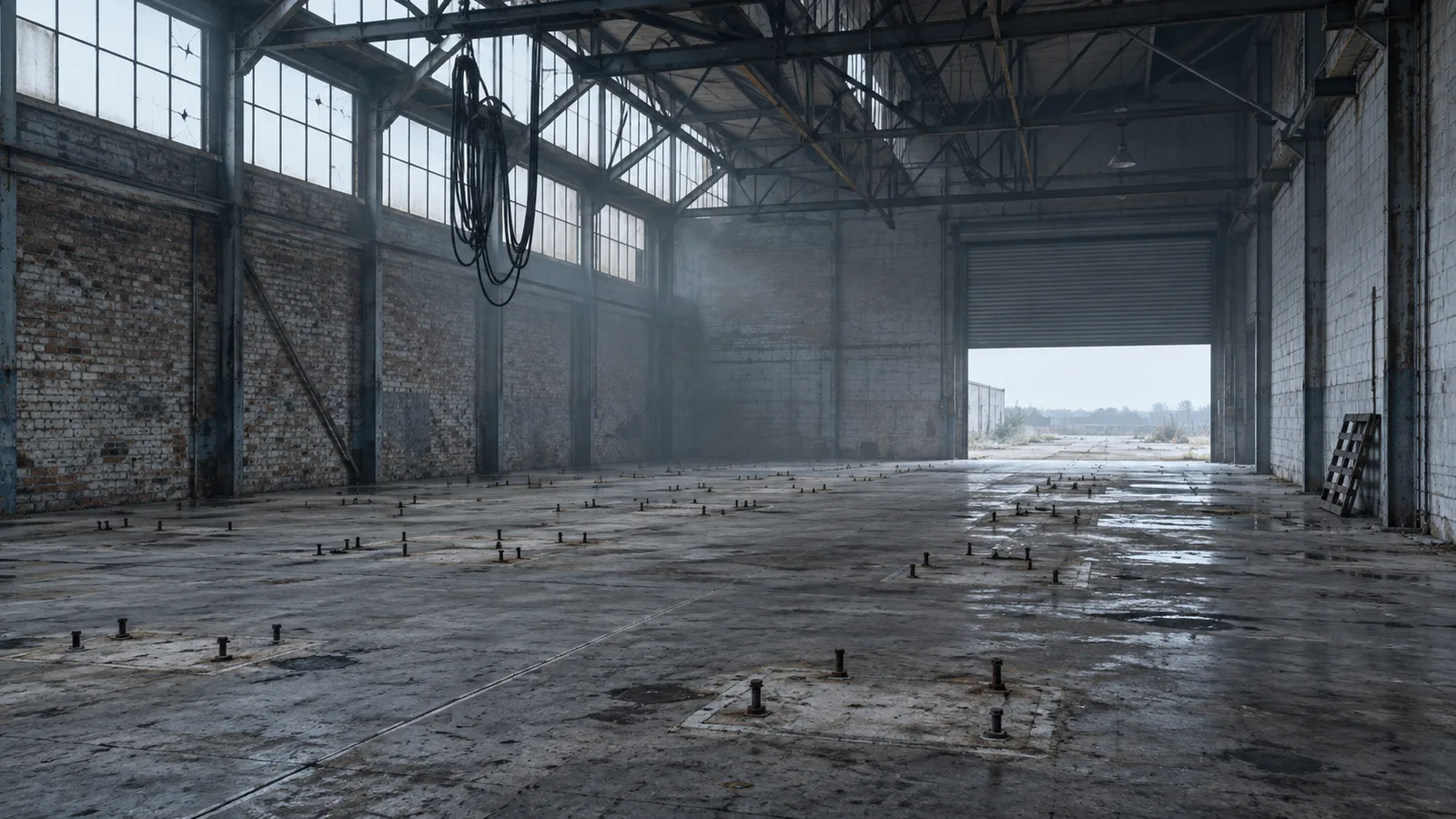 Nave industrial vacía al amanecer con los pernos de anclaje y las manchas pálidas donde estuvieron las máquinas: escena que evoca la industrialización prematura que estudió Dani Rodrik