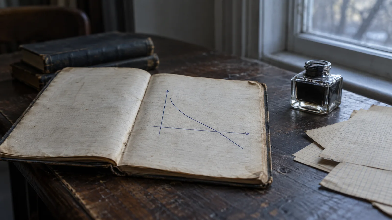 Cuaderno abierto con una curva descendente dibujada a mano sobre un escritorio de madera con luz de ventana, evocación del primer gráfico que Daniel Kahneman dibujó en 1941