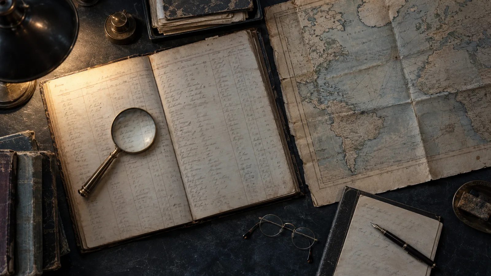 Escritorio de archivo con un registro decimonónico de mortalidad, un mapa colonial y una lupa, la evidencia histórica detrás de la teoría institucional de Daron Acemoglu