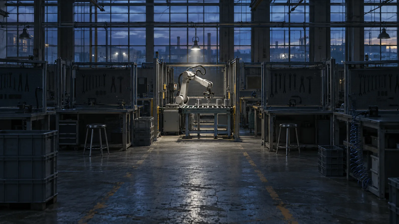 Nave industrial en penumbra con una sola bahía iluminada donde trabaja un brazo robótico y los puestos vecinos vacíos, imagen del vaciamiento del empleo intermedio que estudia David Autor