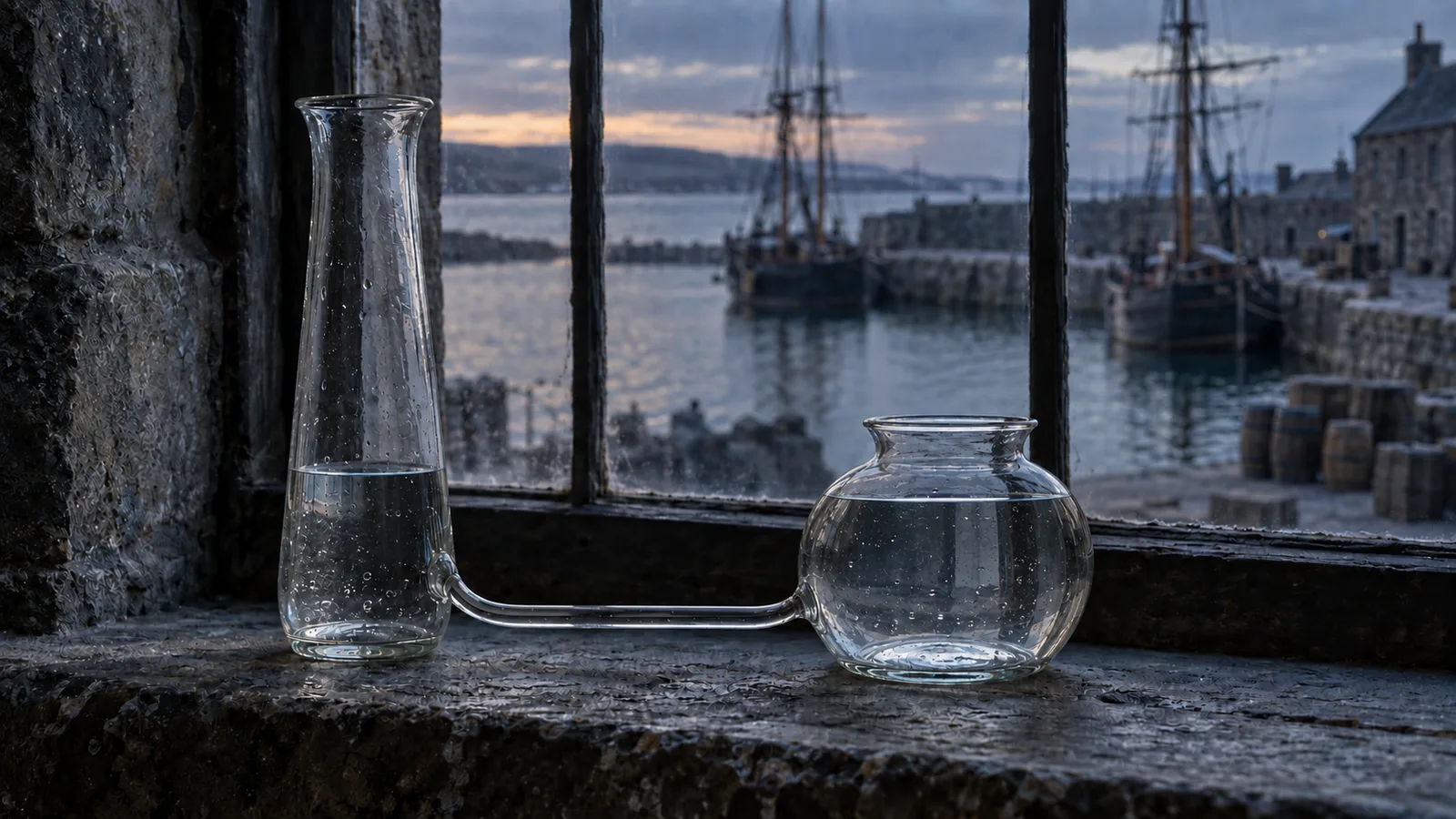 Dos recipientes de vidrio unidos por un tubo, como vasos comunicantes, junto a una ventana que da a un puerto escocés del siglo XVIII con barcos de vela: imagen que evoca la idea de David Hume de que el dinero tiende a nivelarse entre naciones
