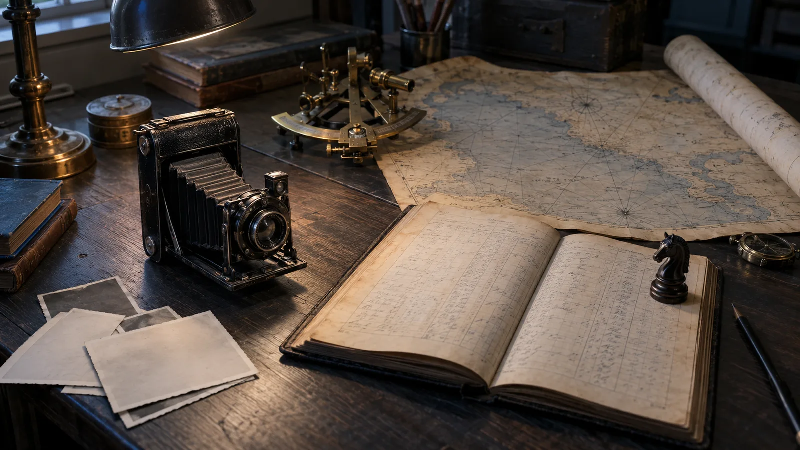 Mesa de estudio con una cámara de fotos antigua, un sextante de navegación, una carta náutica y un libro de contabilidad histórico, evocando la trayectoria de Douglass North del mar y la fotografía a la historia económica