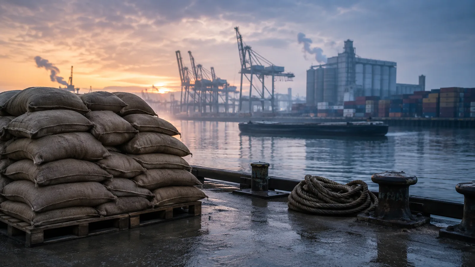 Muelle portuario latinoamericano al amanecer con sacos de producto agrícola apilados en primer plano y grúas de contenedores al fondo, escena que ilustra la pregunta central de la economía del desarrollo