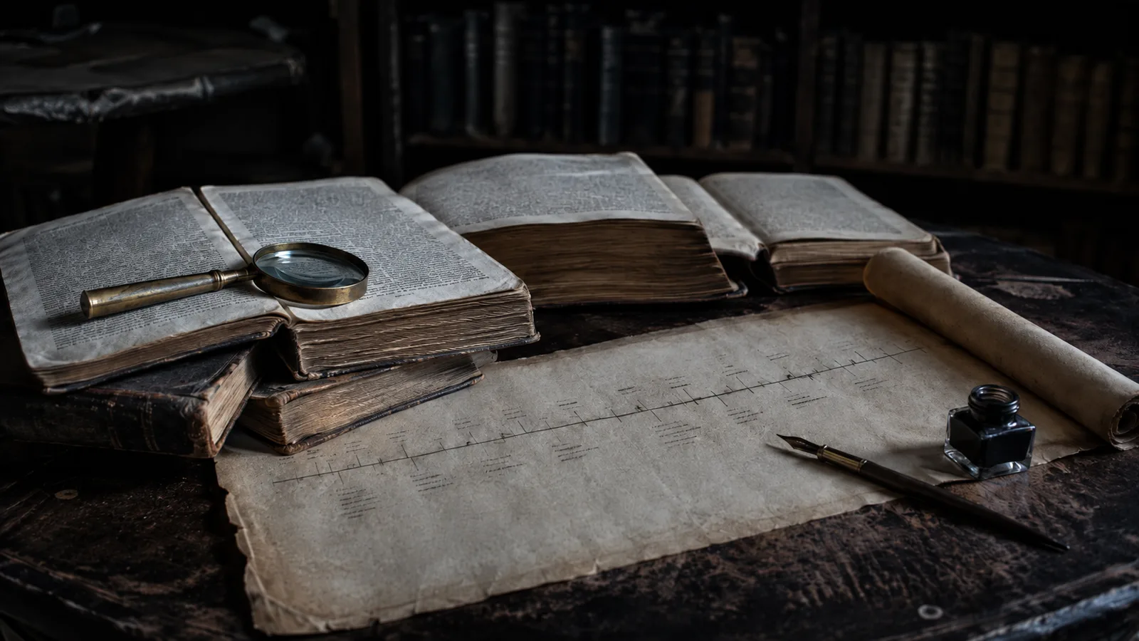 Escritorio de estudio con tomos antiguos de economía política abiertos, cronología manuscrita de 1776 a 1871 y lupa: los economistas clásicos