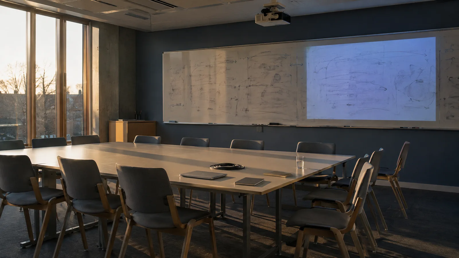 Sala de seminario universitario vacía con un tablero a medio borrar, escena que ilustra las preguntas abiertas de los economistas contemporáneos